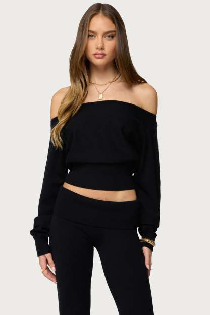 Skyla Off Shoulder Knit Sweater - BLACK