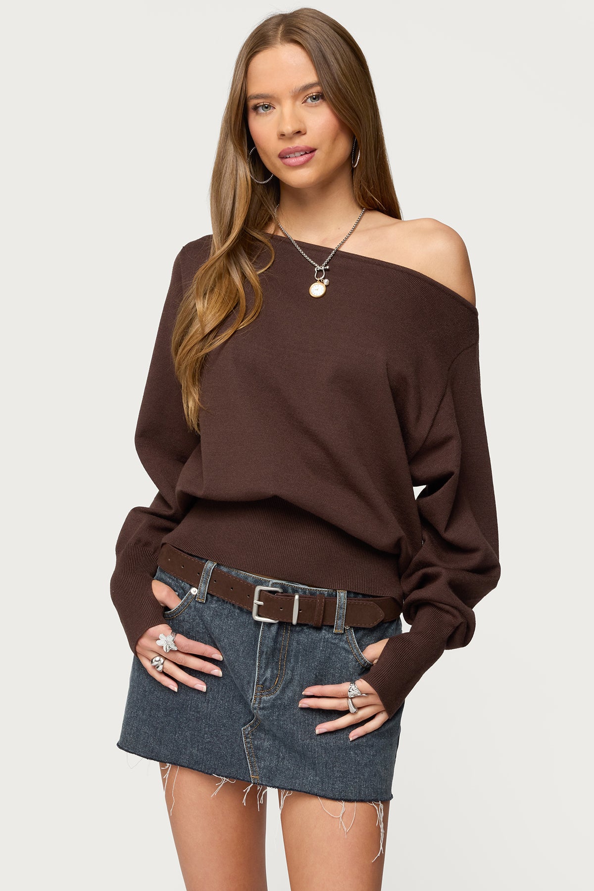 Off Shoulder Oversized Sweater - BROWN