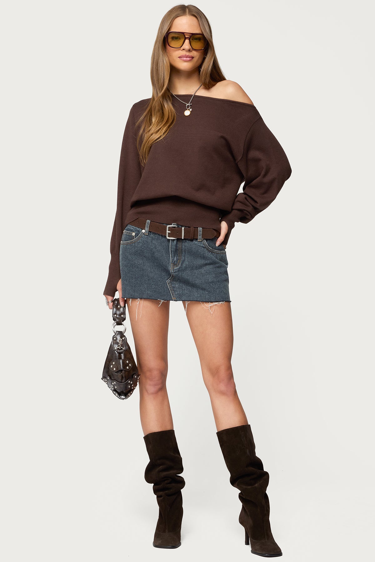 Off Shoulder Oversized Sweater - BROWN