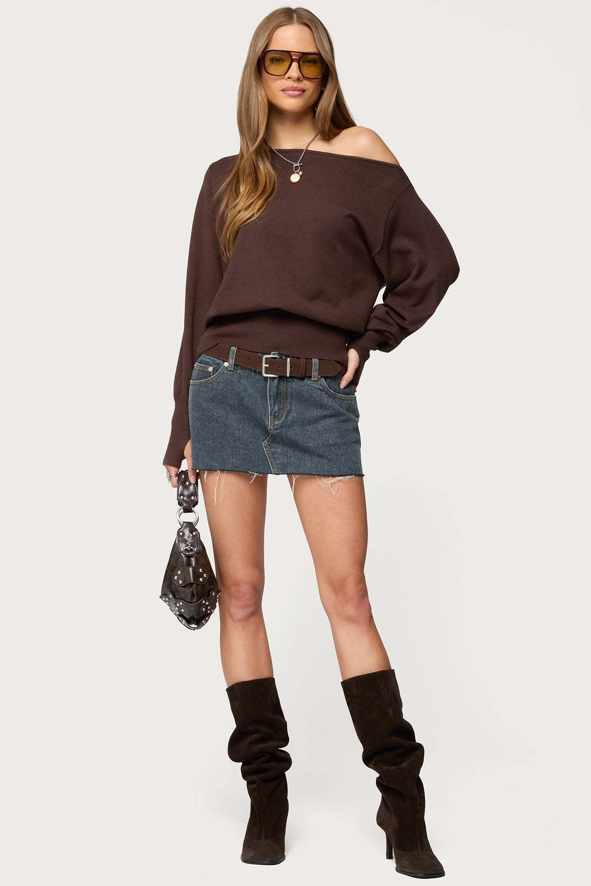 Off Shoulder Oversized Sweater - BROWN