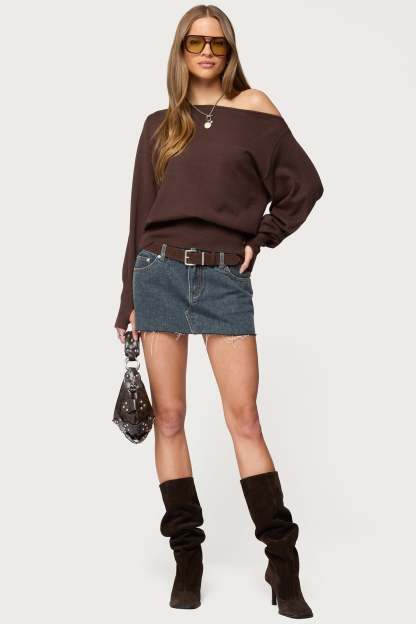 Off Shoulder Oversized Sweater - BROWN