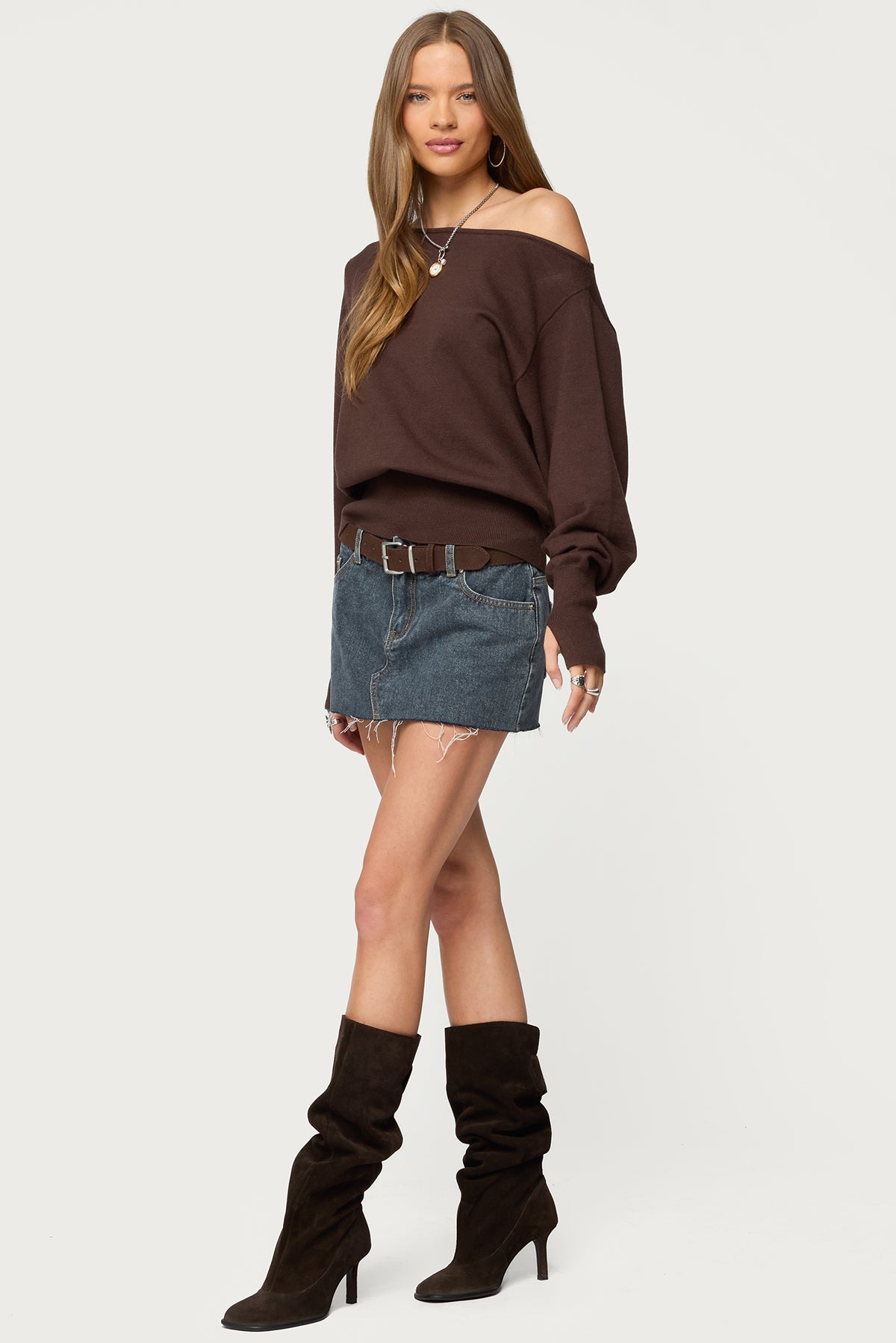 Off Shoulder Oversized Sweater - BROWN
