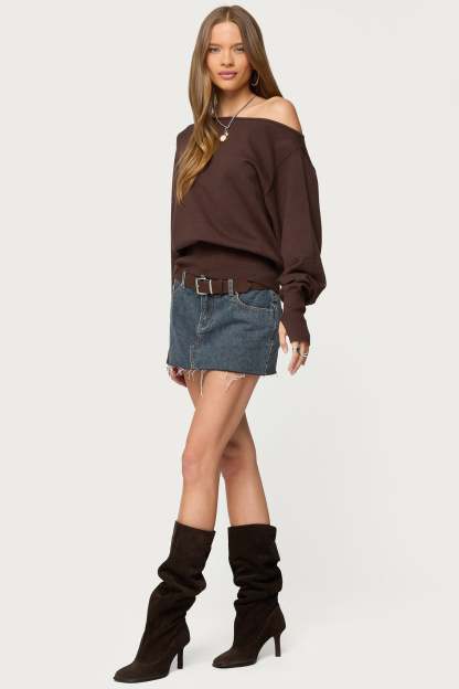 Off Shoulder Oversized Sweater - BROWN