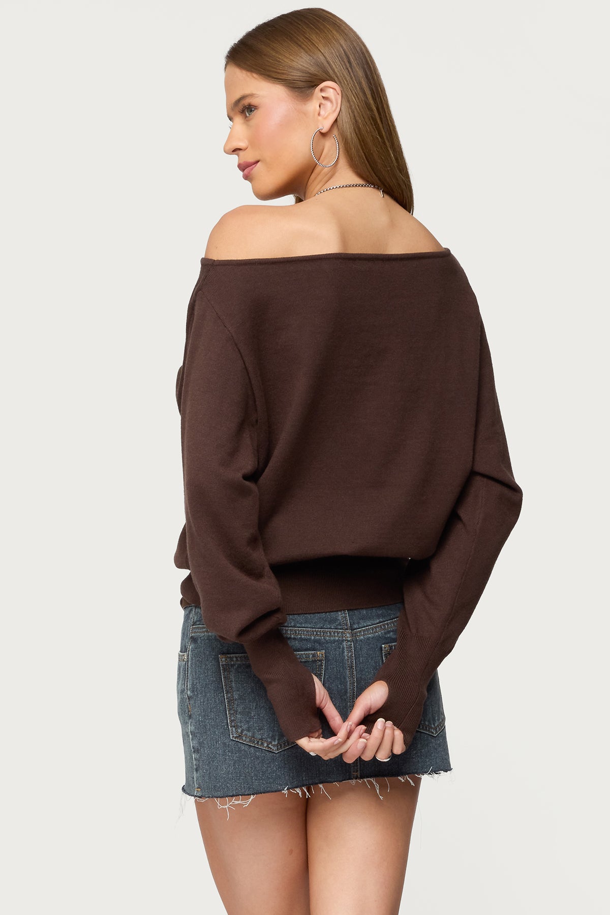 Off Shoulder Oversized Sweater - BROWN