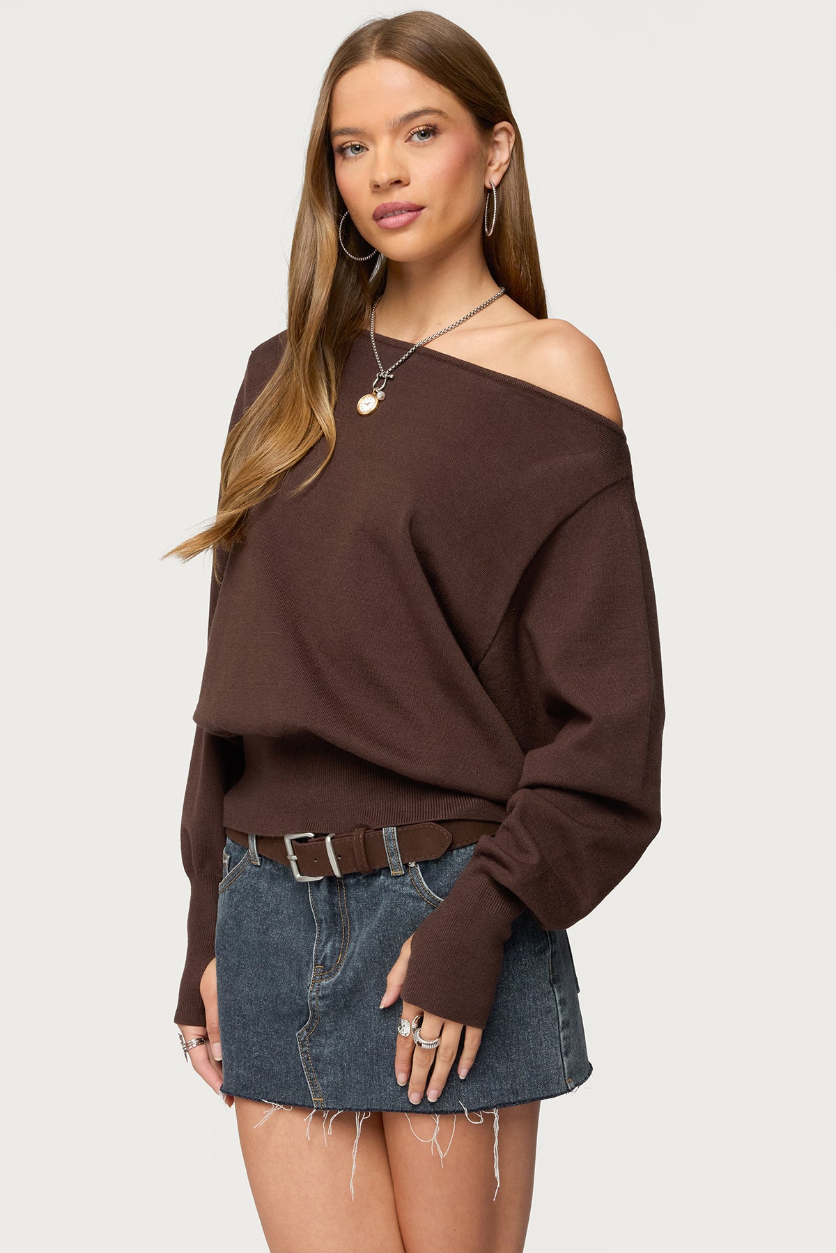 Off Shoulder Oversized Sweater - BROWN