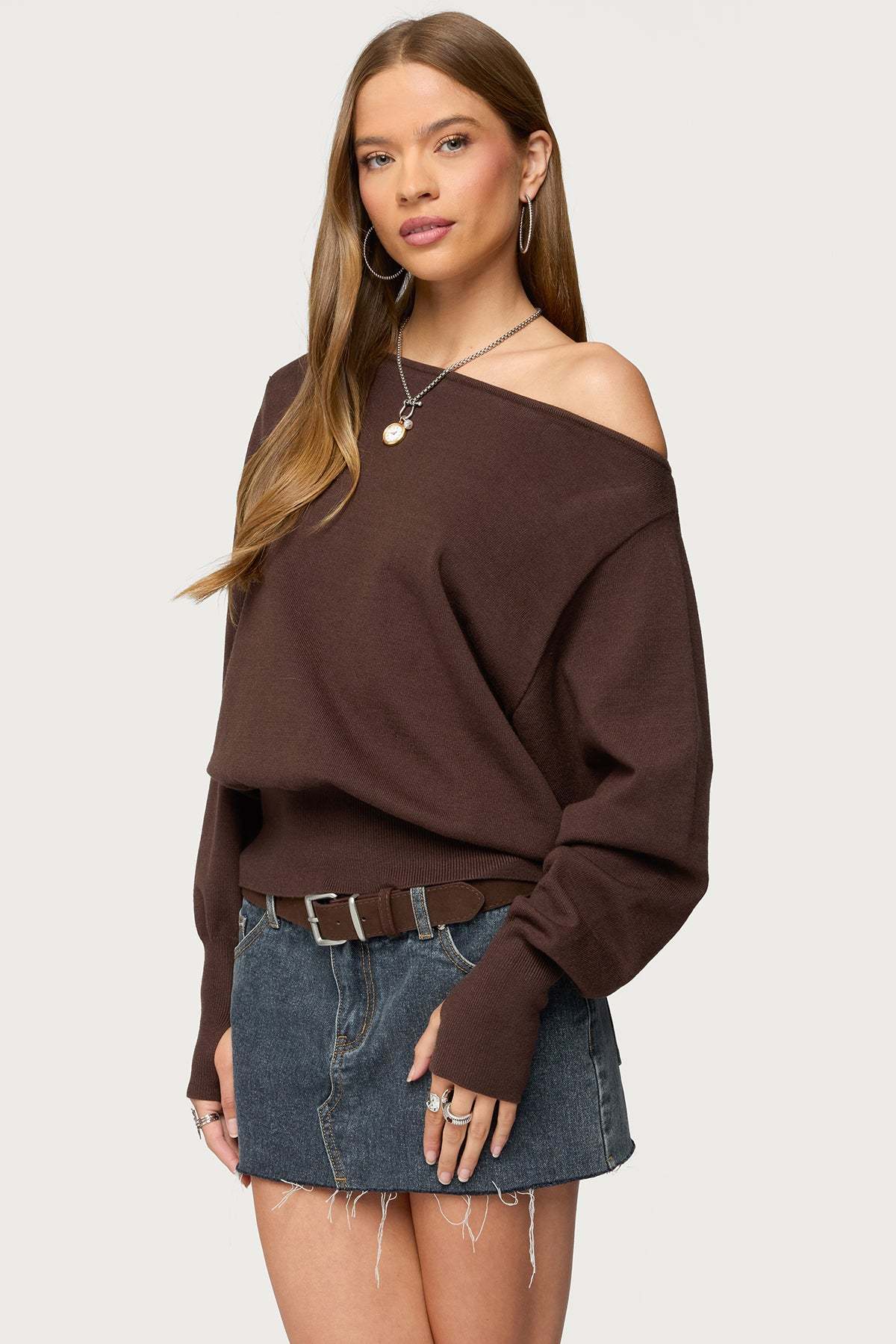 Off Shoulder Oversized Sweater - BROWN