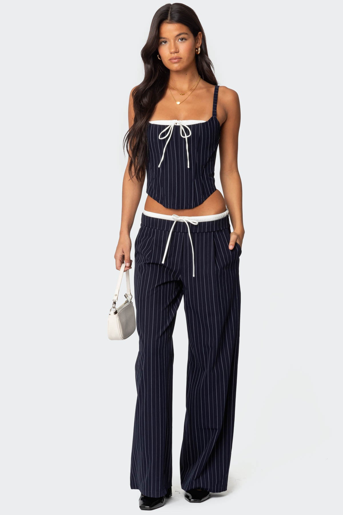 Pinstripe Peekaboo Drawstring Pants - NAVY AND WHITE