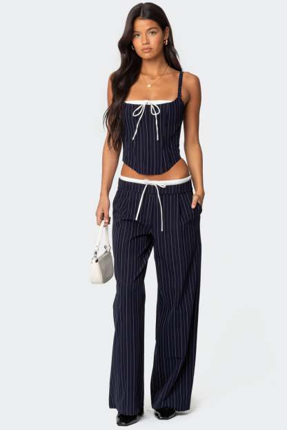 Pinstripe Peekaboo Drawstring Pants - NAVY AND WHITE