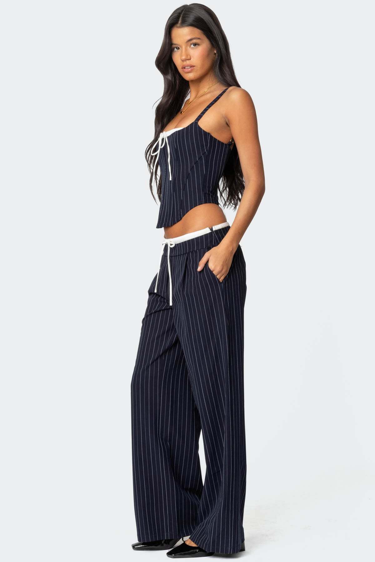 Pinstripe Peekaboo Drawstring Pants - NAVY AND WHITE