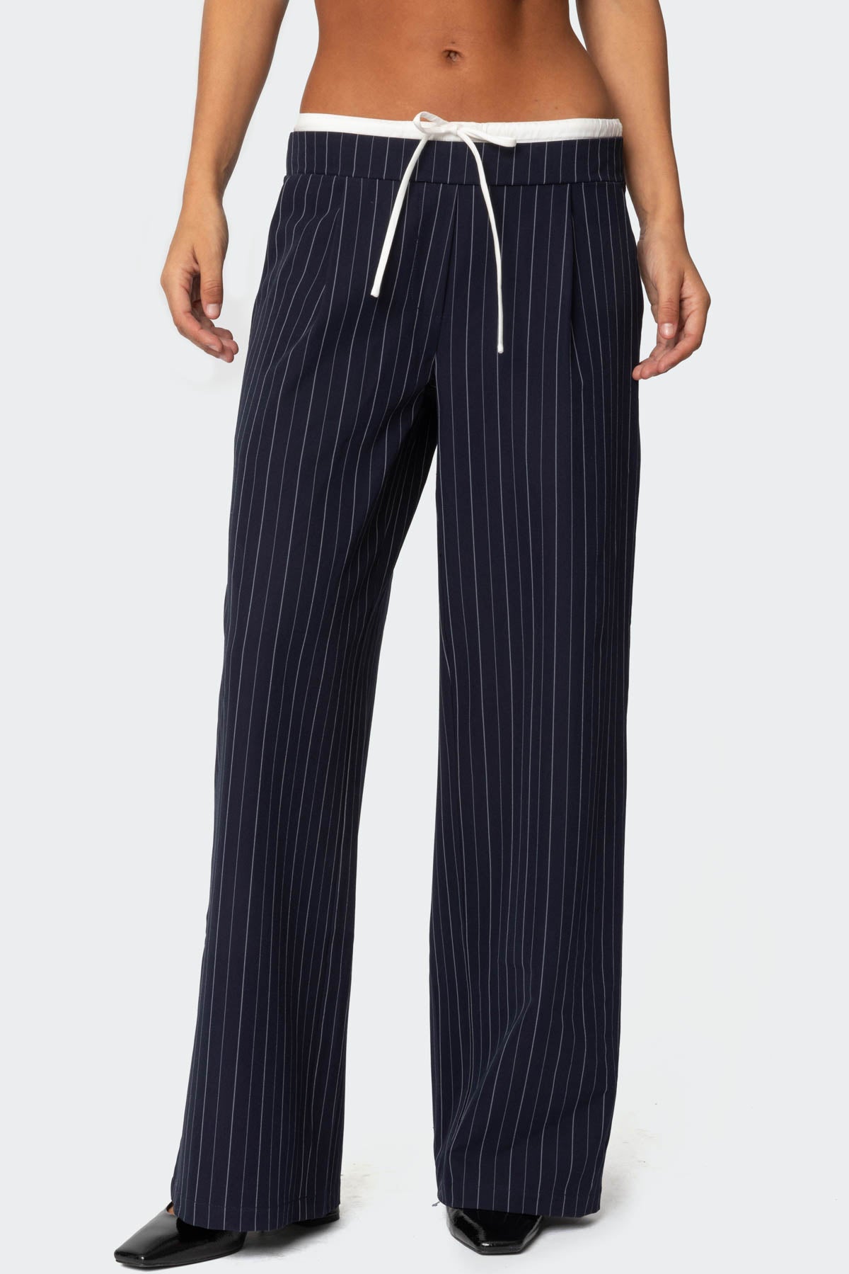 Pinstripe Peekaboo Drawstring Pants - NAVY AND WHITE