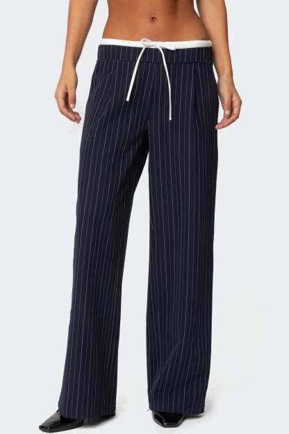 Pinstripe Peekaboo Drawstring Pants - NAVY AND WHITE
