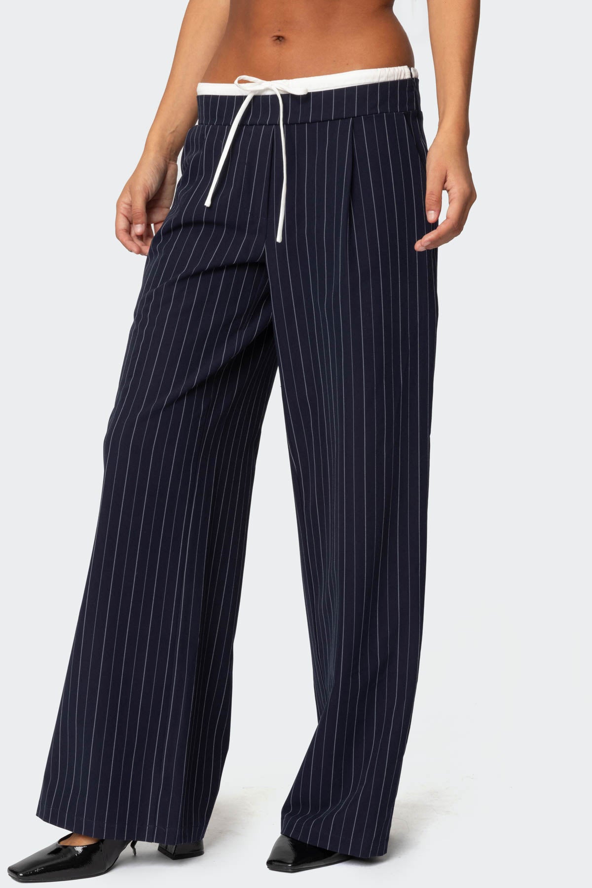 Pinstripe Peekaboo Drawstring Pants - NAVY AND WHITE