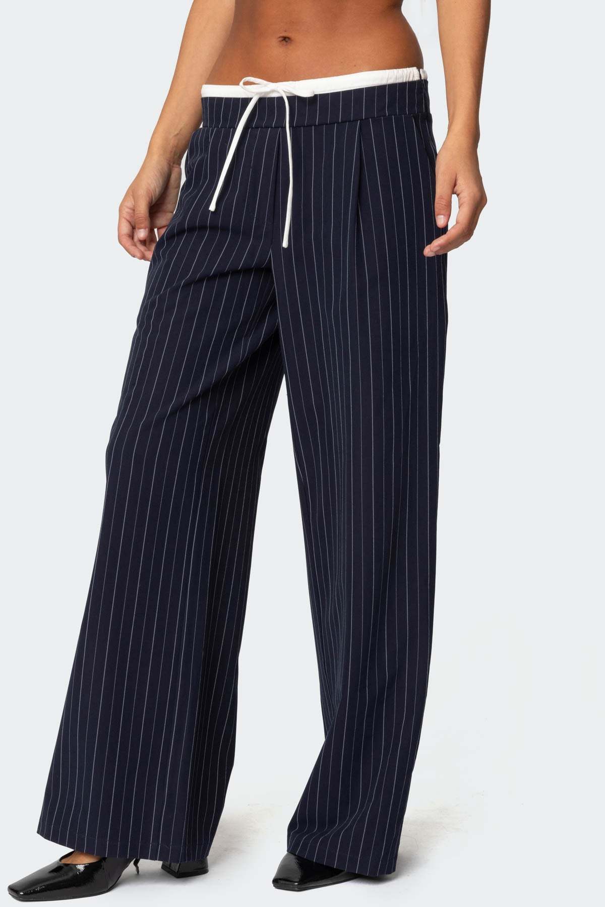 Pinstripe Peekaboo Drawstring Pants - NAVY AND WHITE