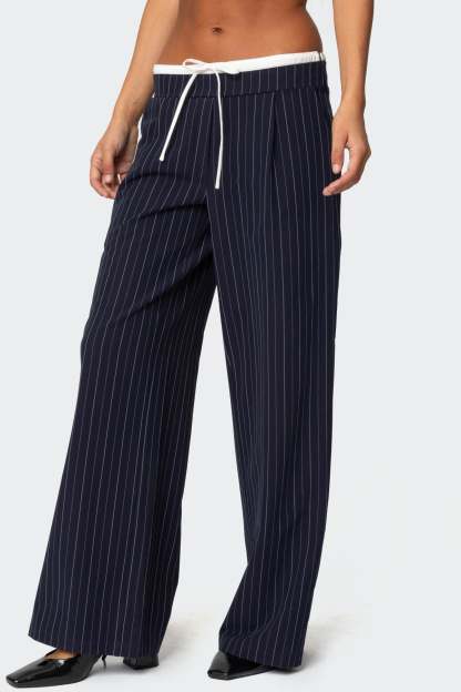 Pinstripe Peekaboo Drawstring Pants - NAVY AND WHITE