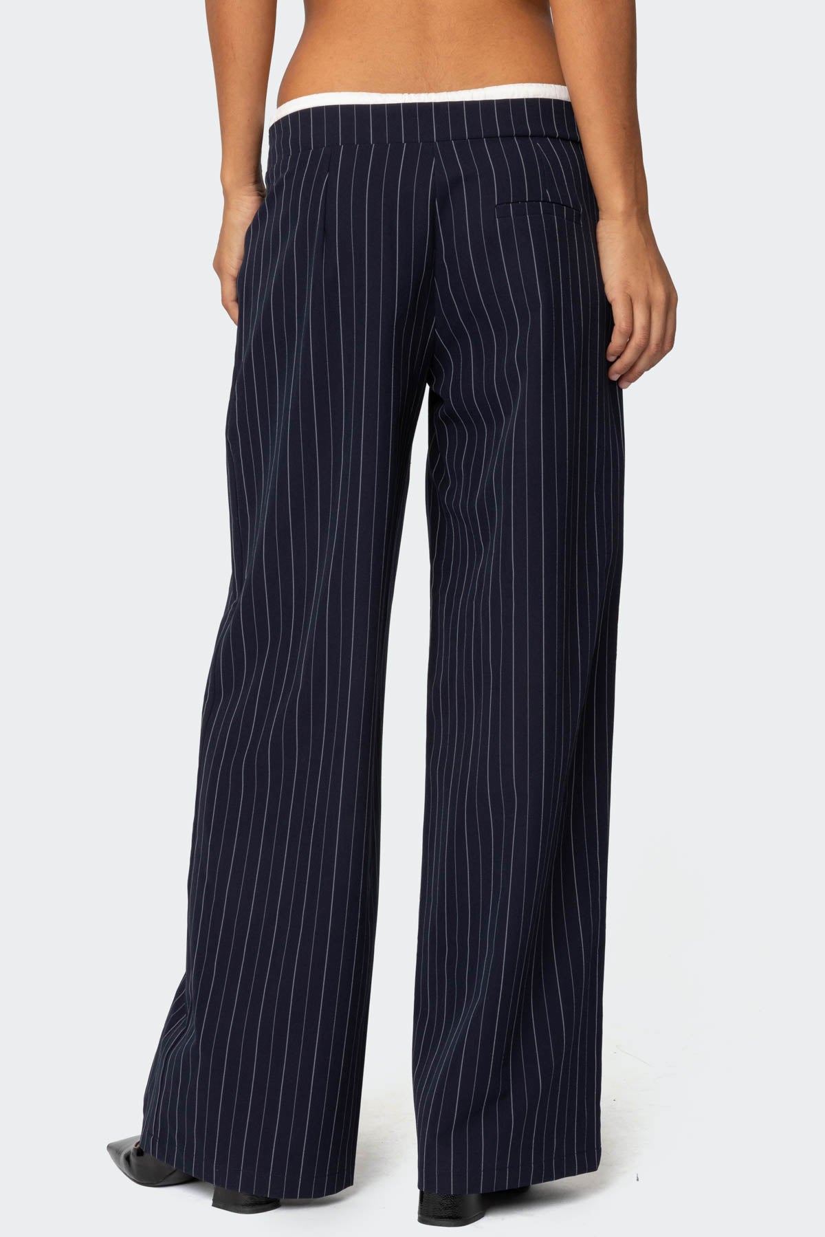 Pinstripe Peekaboo Drawstring Pants - NAVY AND WHITE