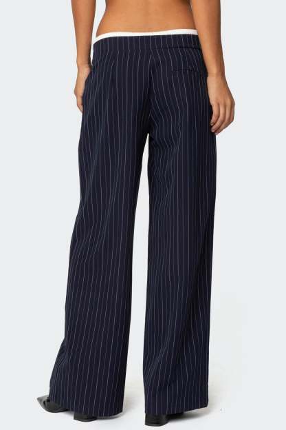 Pinstripe Peekaboo Drawstring Pants - NAVY AND WHITE
