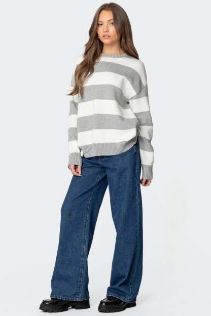 Richie Oversized Striped Sweater - GRAY MELANGE