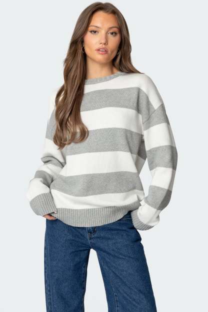 Richie Oversized Striped Sweater - GRAY MELANGE