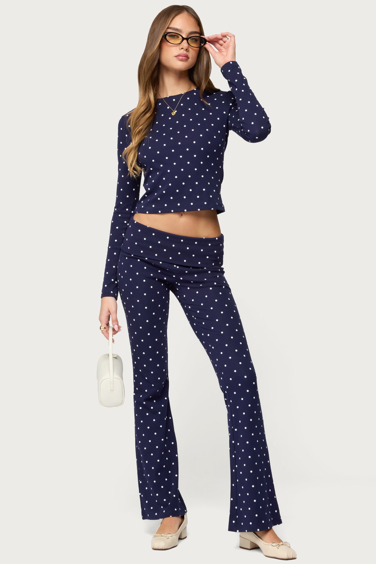 Daliya Polka Dot Fold Over Pants - NAVY