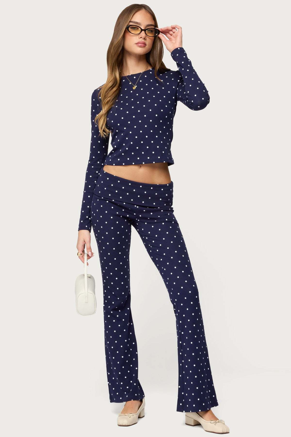 Daliya Polka Dot Fold Over Pants - NAVY