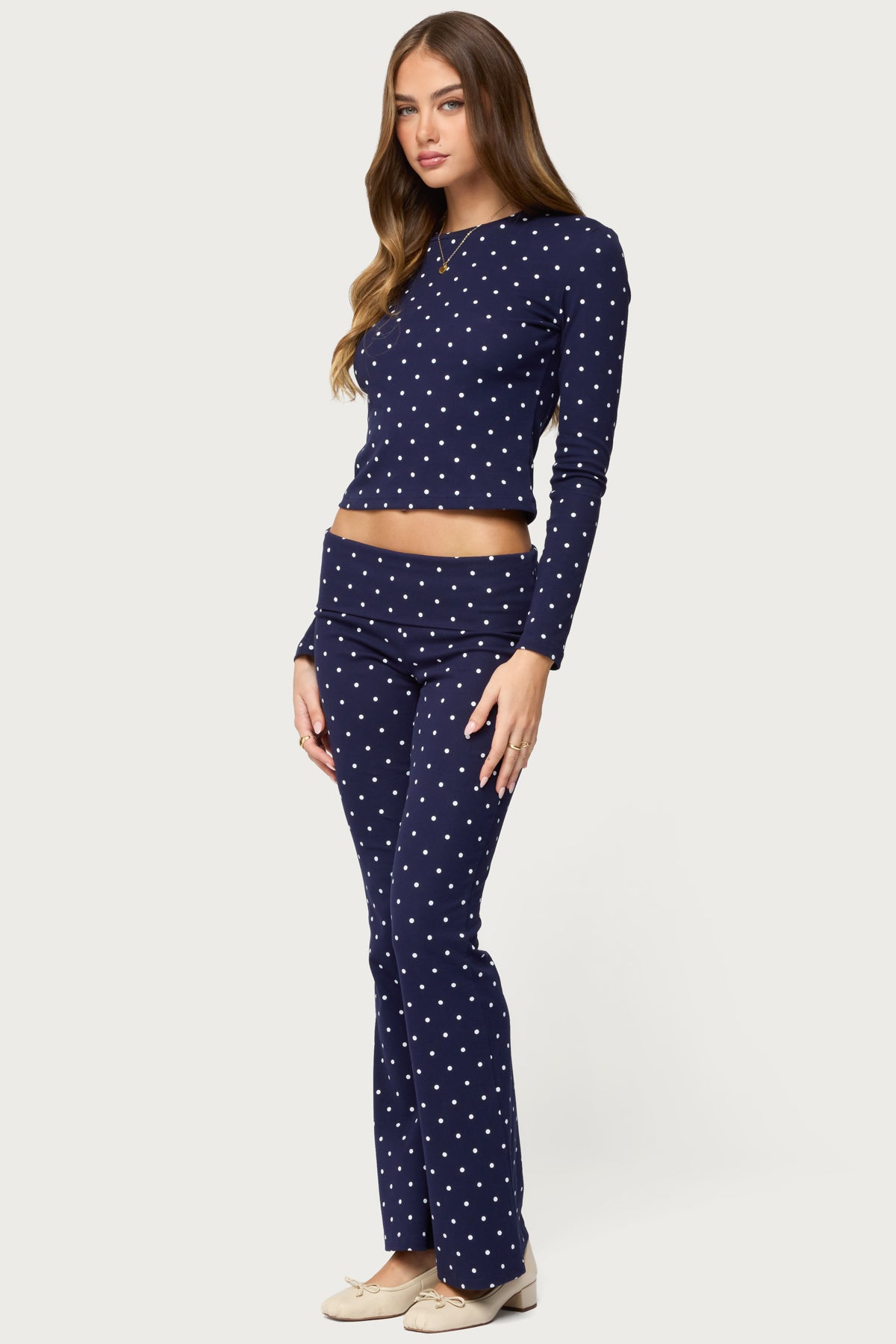Daliya Polka Dot Fold Over Pants - NAVY
