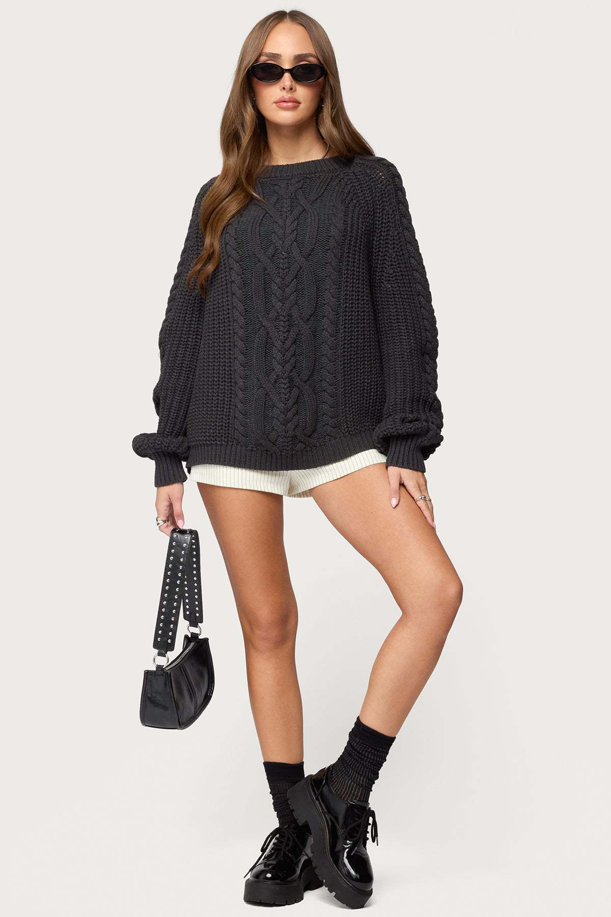 Lira Chunky Cable Knit Sweater - DARK-GRAY-MELANGE