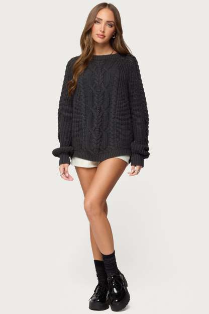Lira Chunky Cable Knit Sweater - DARK-GRAY-MELANGE
