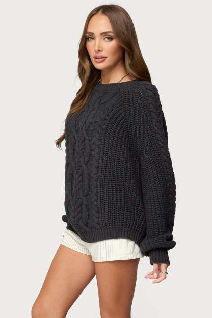 Lira Chunky Cable Knit Sweater - DARK-GRAY-MELANGE