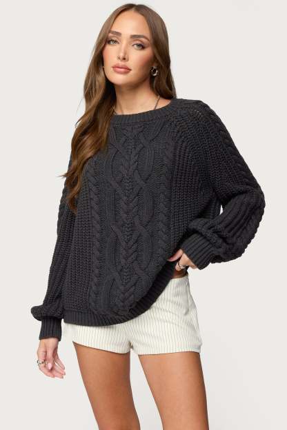 Lira Chunky Cable Knit Sweater - DARK-GRAY-MELANGE