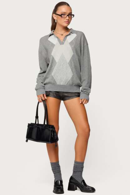 Kati Argyle Oversized Polo Sweater - GRAY-MELANGE