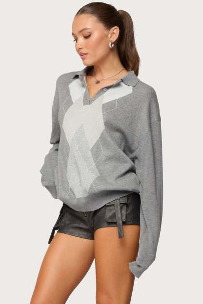 Kati Argyle Oversized Polo Sweater - GRAY-MELANGE