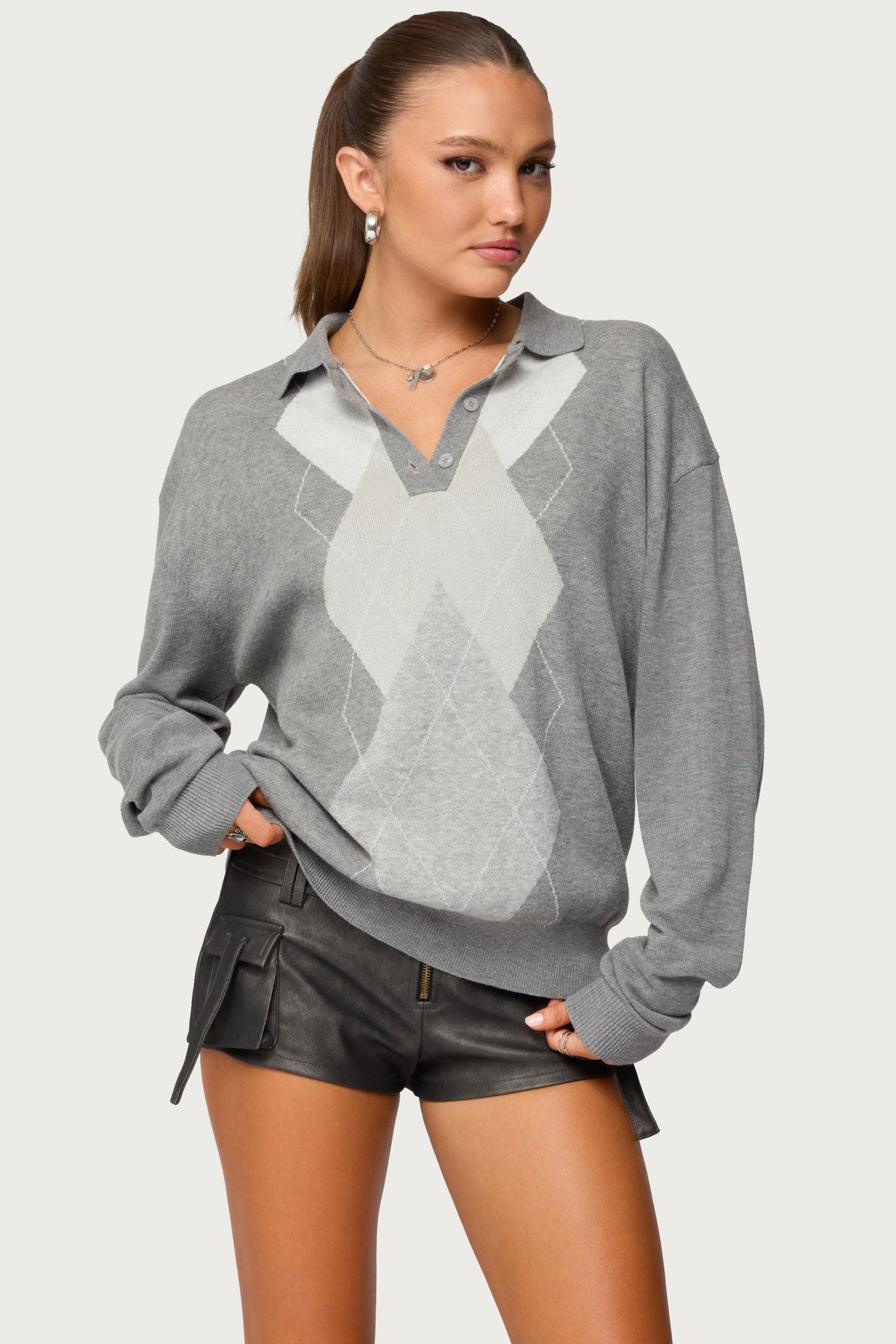 Kati Argyle Oversized Polo Sweater - GRAY-MELANGE
