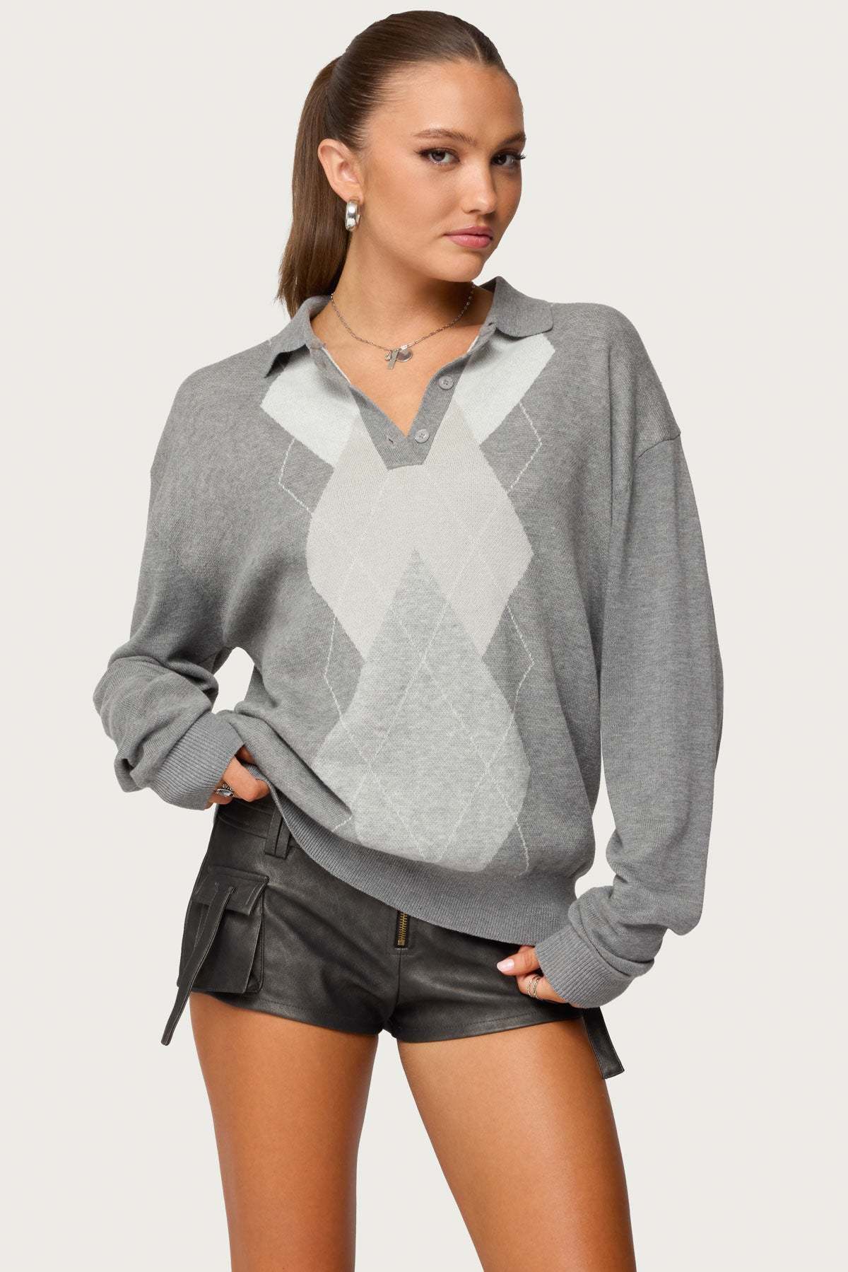 Kati Argyle Oversized Polo Sweater - GRAY-MELANGE