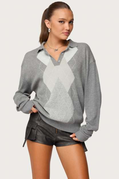Kati Argyle Oversized Polo Sweater - GRAY-MELANGE