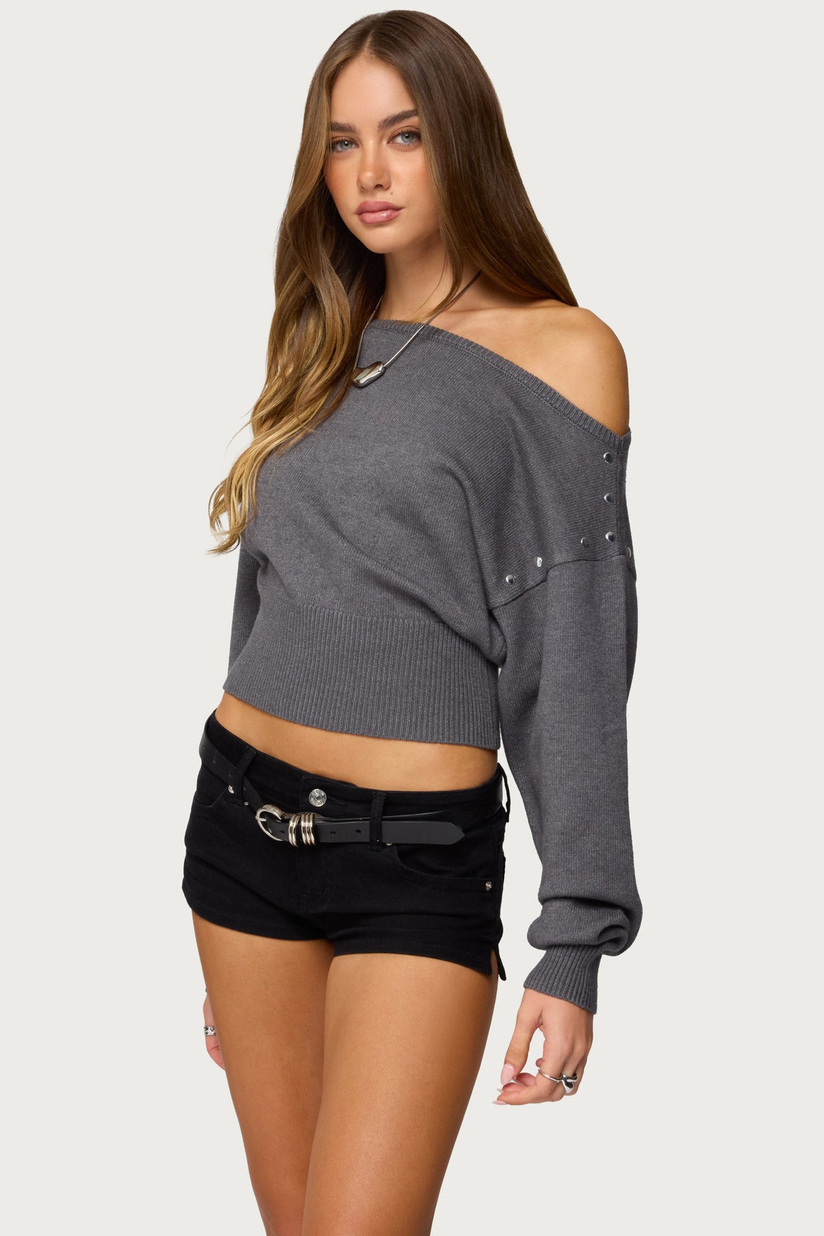 Doro Studded Off Shoulder Sweater - DARK-GRAY