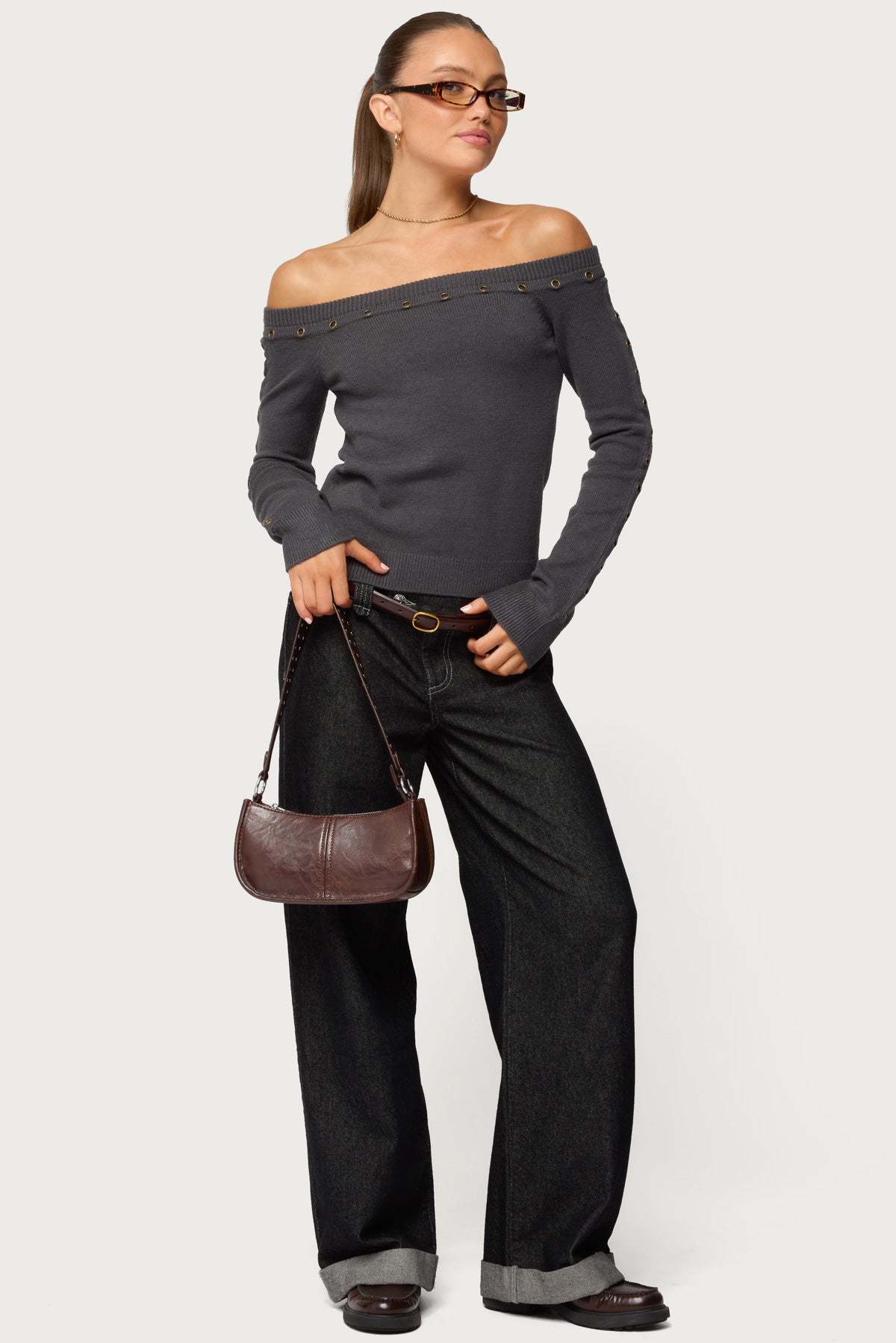 Morgen Grommet Off Shoulder Knit Top - DARK-GRAY
