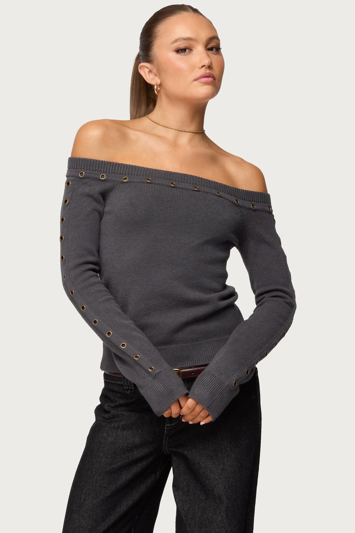 Morgen Grommet Off Shoulder Knit Top - DARK-GRAY