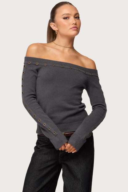 Morgen Grommet Off Shoulder Knit Top - DARK-GRAY