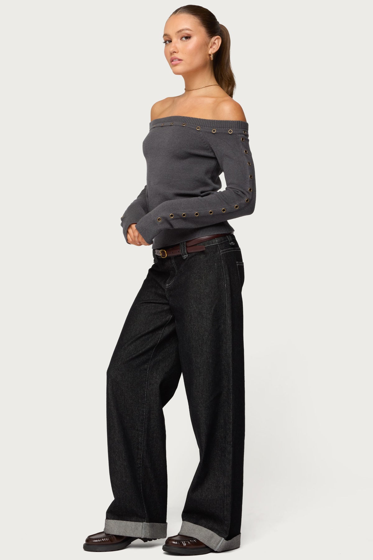 Morgen Grommet Off Shoulder Knit Top - DARK-GRAY