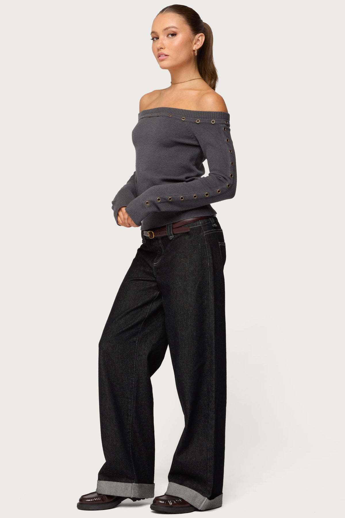 Morgen Grommet Off Shoulder Knit Top - DARK-GRAY
