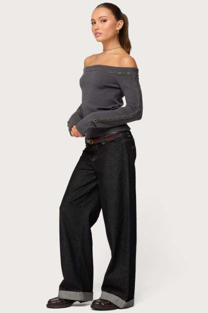 Morgen Grommet Off Shoulder Knit Top - DARK-GRAY