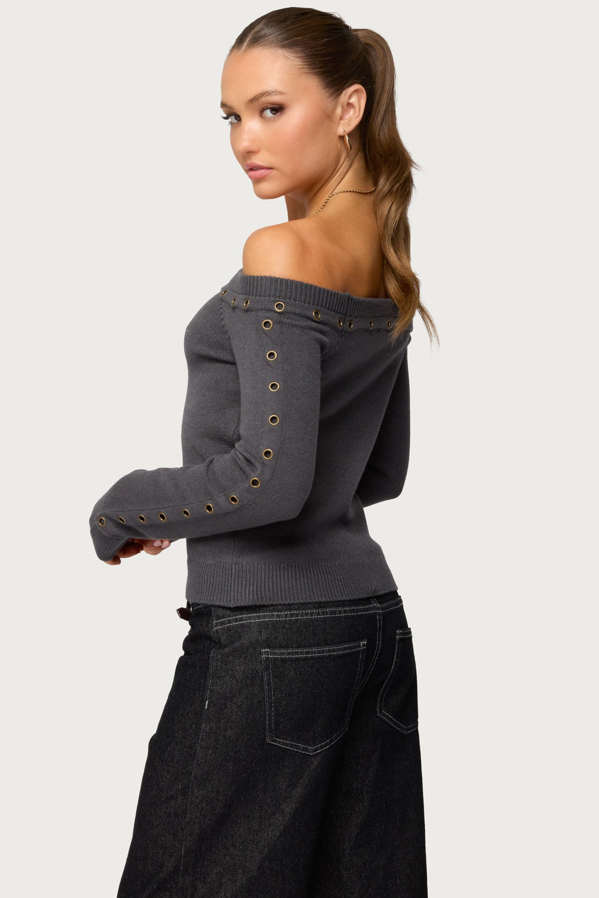 Morgen Grommet Off Shoulder Knit Top - DARK-GRAY