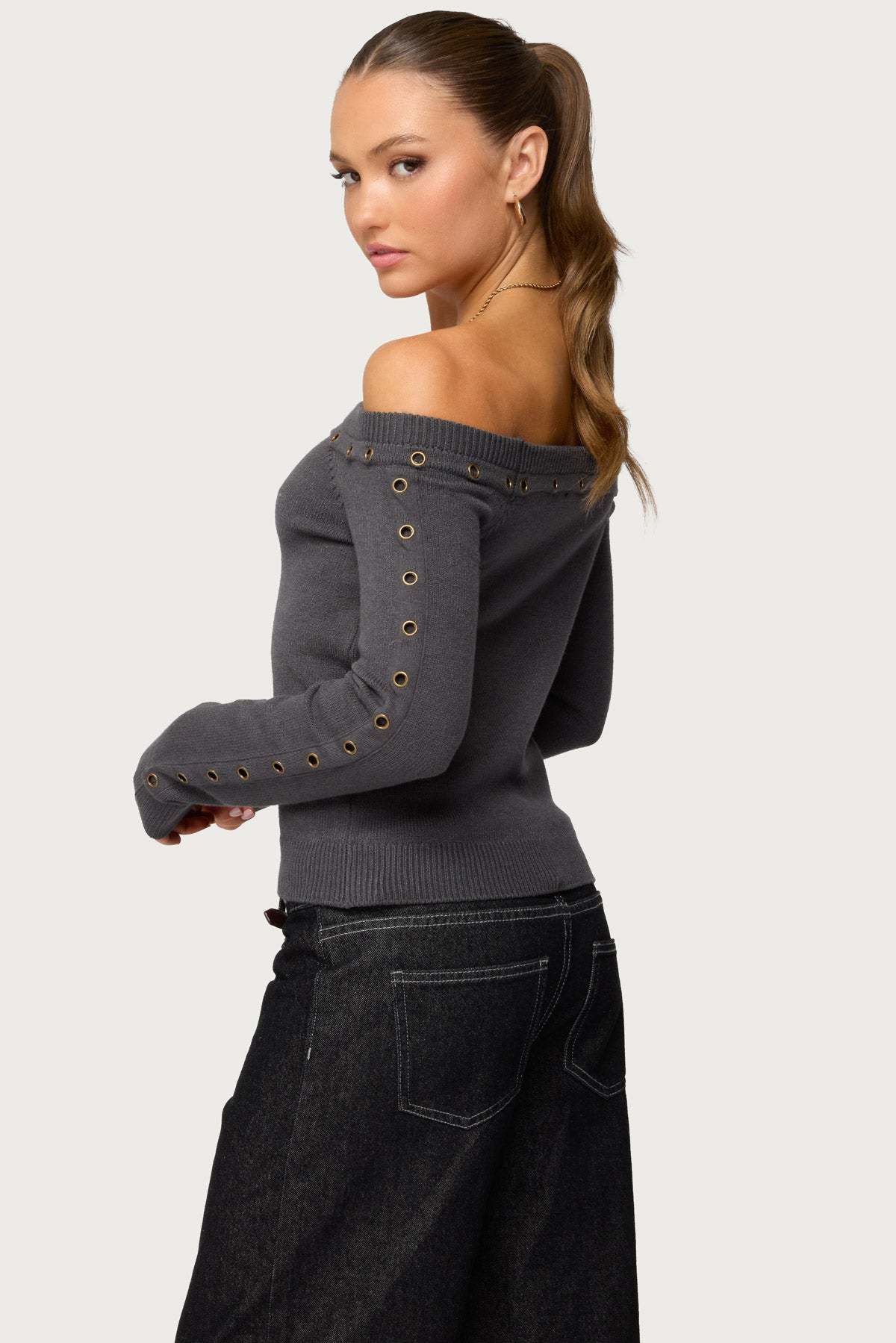 Morgen Grommet Off Shoulder Knit Top - DARK-GRAY