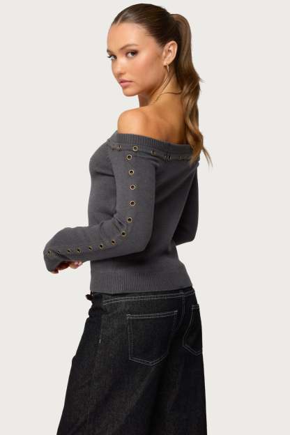 Morgen Grommet Off Shoulder Knit Top - DARK-GRAY