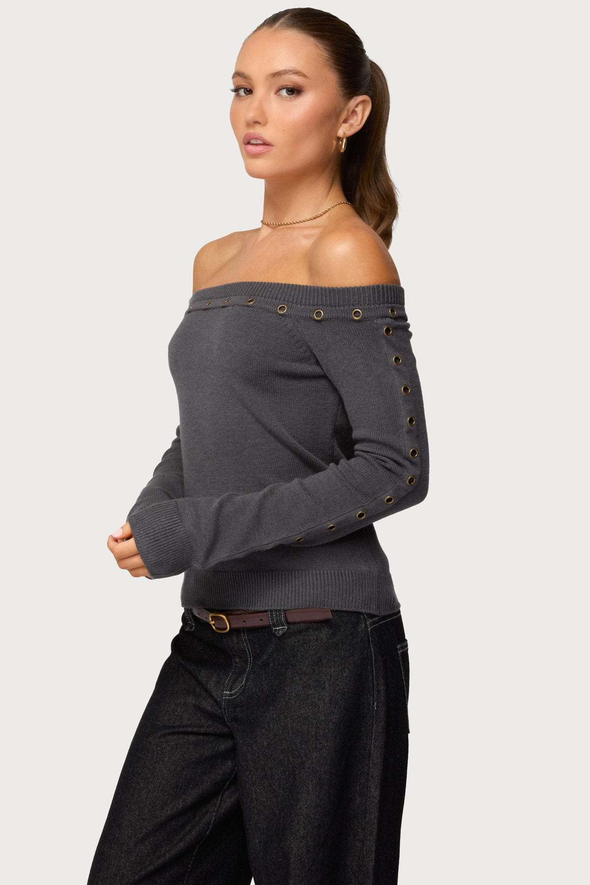 Morgen Grommet Off Shoulder Knit Top - DARK-GRAY