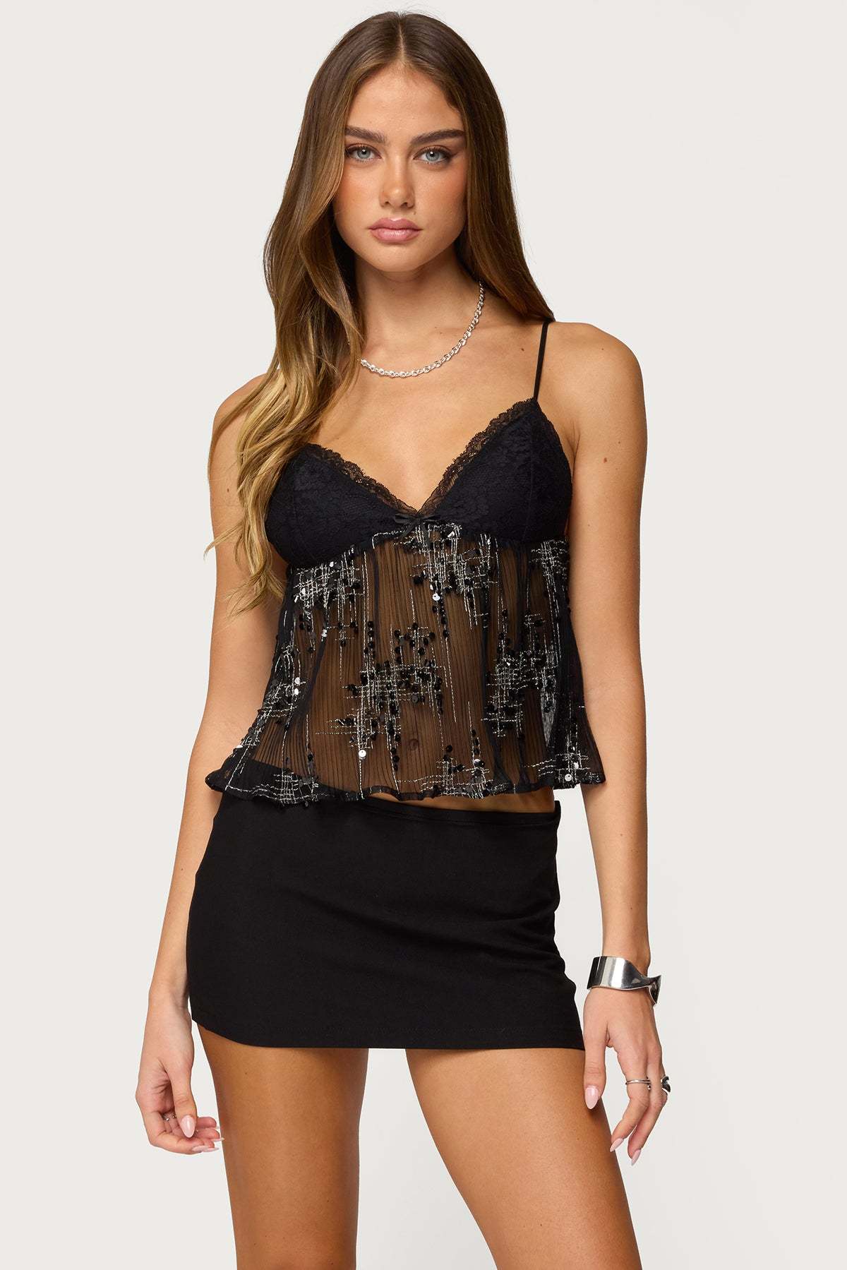 Sequin Sheer Mesh Babydoll Top - BLACK