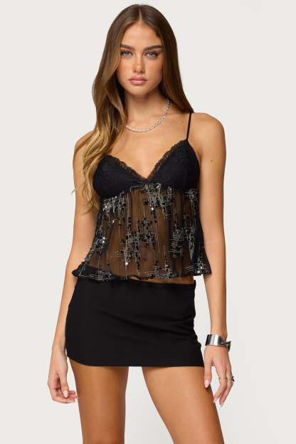 Sequin Sheer Mesh Babydoll Top - BLACK
