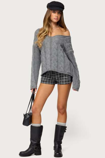 Inga Oversized Cable Knit Sweater - GRAY-MELANGE