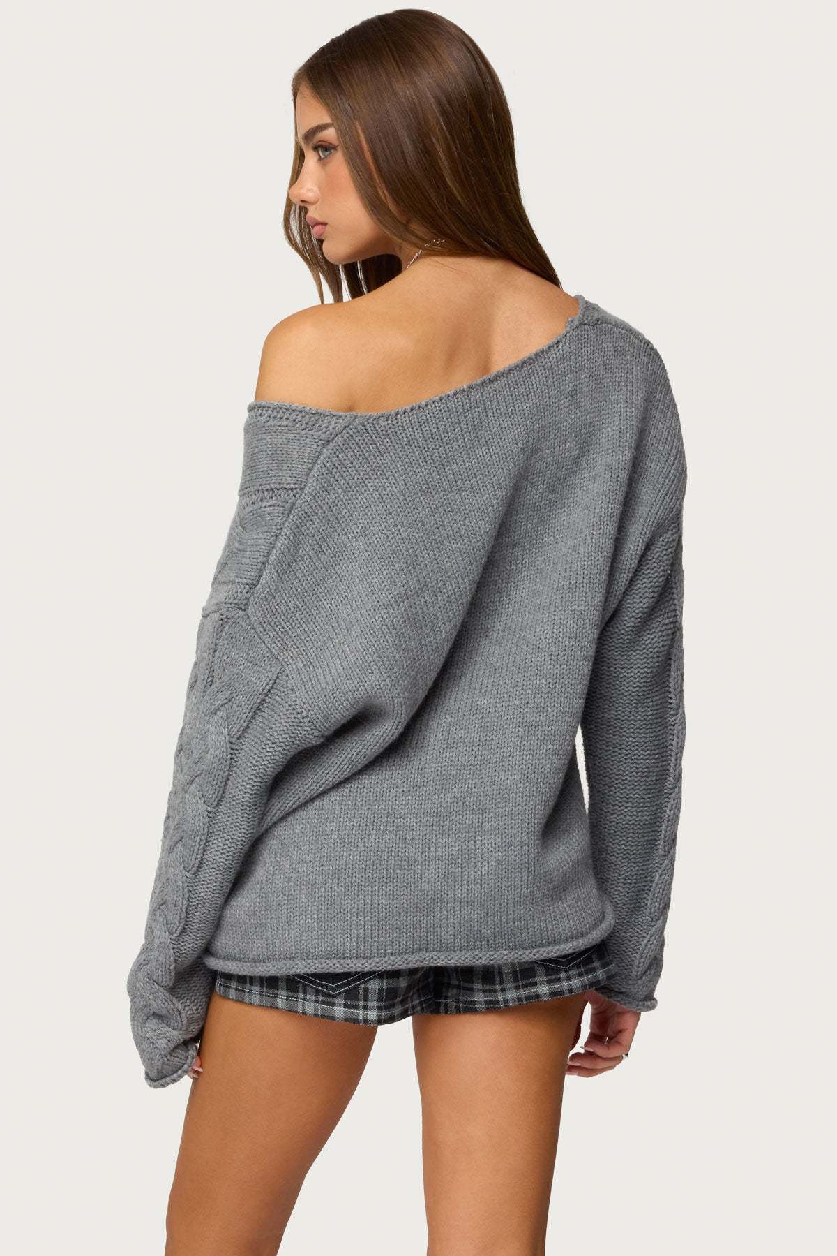 Inga Oversized Cable Knit Sweater - GRAY-MELANGE