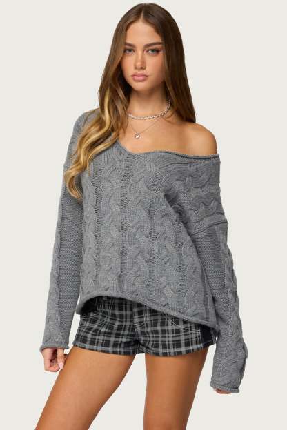 Inga Oversized Cable Knit Sweater - GRAY-MELANGE